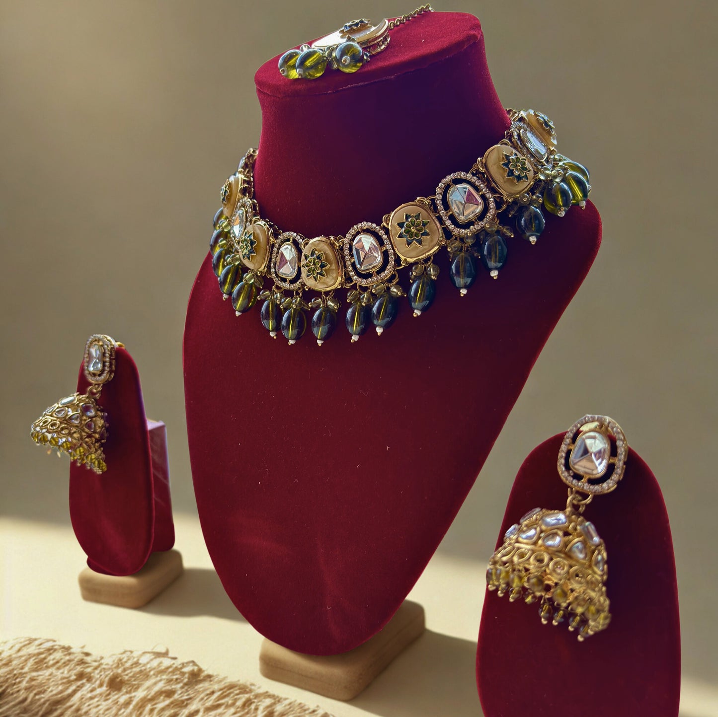 Traditional Gold Plated Kundan Choker Necklace Set with Jhumka Earrings & Tikka
